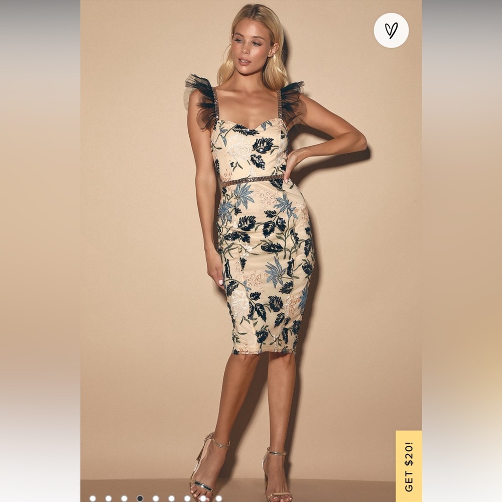 Show Stopper Cream Embroidered Sequin Bodycon Midi Dress